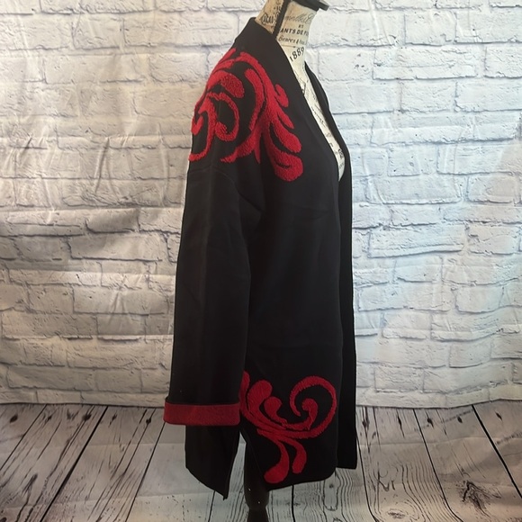 Chico’s Long Open Cardigan Sweater Duster Black with Red Design Chicos Size 2 - Picture 1 of 9